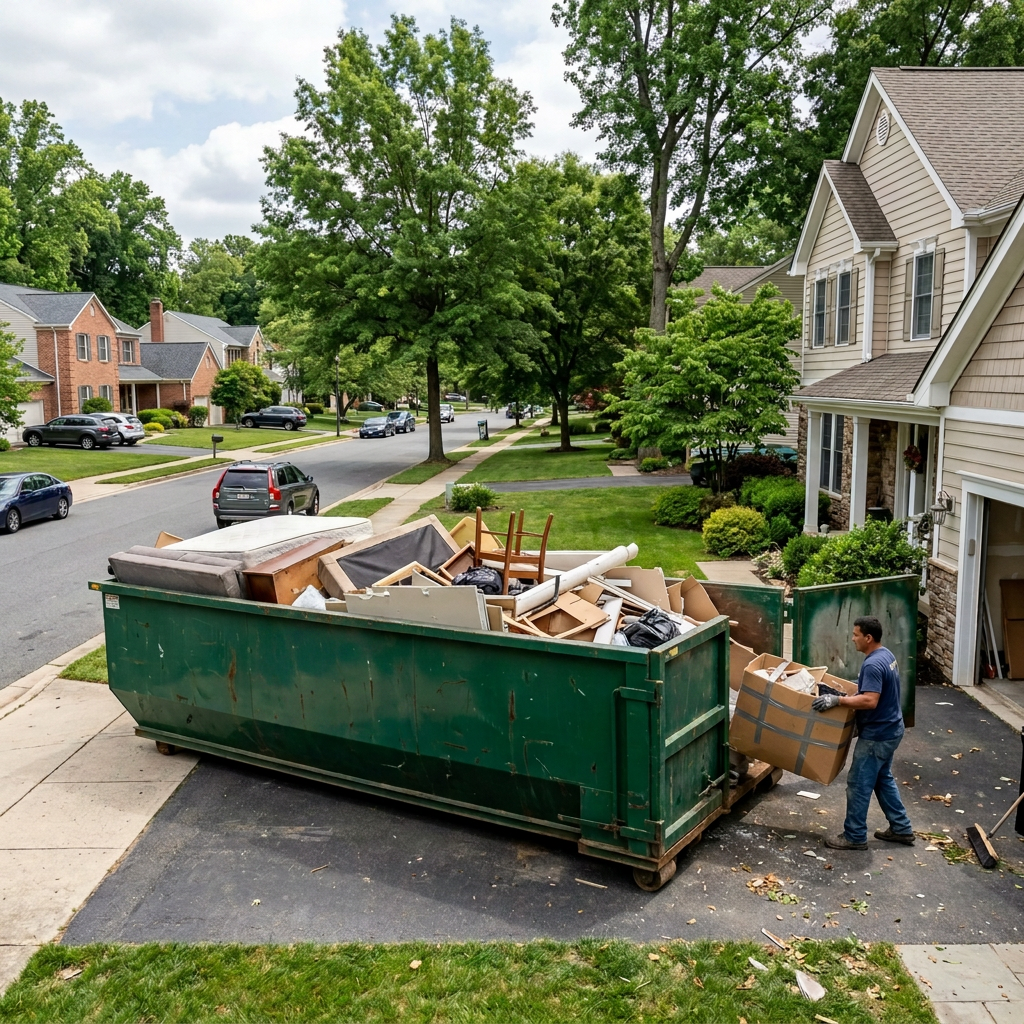 Worker placing bulky household waste into a large dumpster outside a suburban house
